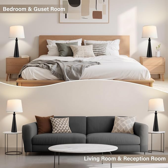 Seealle Modern Table Lamps Set of 2 - Touch Bedside Lamp for Nightstand with USB C+A,3-Way Dimmable Black Nightstand Lamps for Living Room Bedroom End Table(Bulb Included)