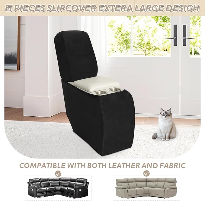 Arfntevss Sectional Recliner Couch Covers Velvet Corner Sectional Sofa Cover for Reclining Couch Stretch Soft L Shape Recliner Slipcover Washable Middle Console Protector (1 Console Cover, Black)