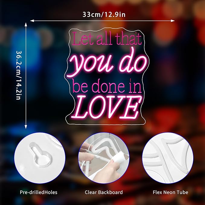 Neon Sign, Let All That You Do Be Done in Love Neon Signs for Wall Decor Neon Pink LED Signs Room 3D Engrave Neon Light Up Signs Home Decor for Bedroom Club Party Bars Shop USB Operated
