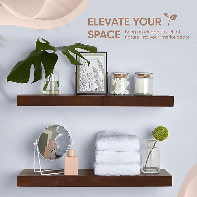 Homeforia 24inch Walnut Floating Shelves for Wall, High End Solid Real Wood 24in Floating Shelf for Bathroom, Dark Brown 24 inch Long Floating Shelves, Heavy Duty Bracket, 24 X 6.5 X 1.75 in, Set of 3