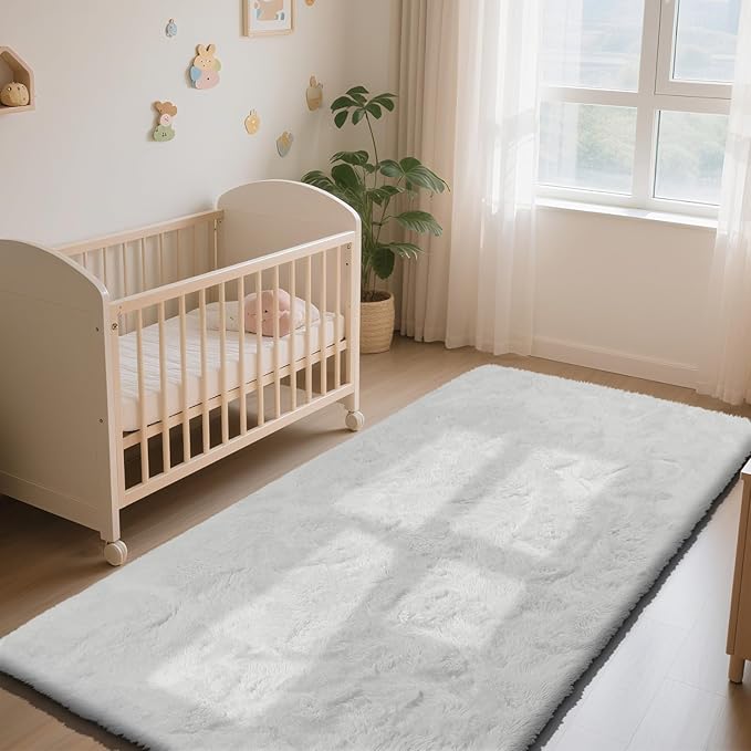 Soft Runner Rugs for Bedroom, White 2x6 Area Rugs Fluffy Rug Shaggy Area Rug Carpet, Bedside Rug for Living Room Bedroom Kids Room Home Decor