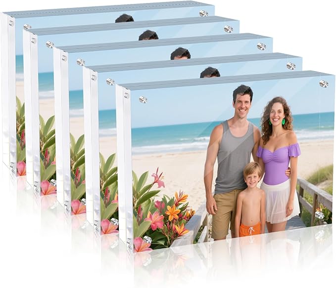 5 Pack 4x6 Acrylic Magnetic Picture Frame, 20 mm Thick Clear Double Sided Freestanding Photo Frame, Transparent Frameless Floating Frames with Magnets Corners