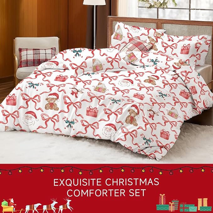 Christmas Comforter Set King Size,Red Christmas Bed Set with Reindeer, Bows and Santa Claus Bedding for Holiday, 3 Pieces 1 Reversible Comforter and 2 Pillowcases
