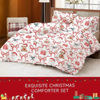 Christmas Comforter Set Twin Size,Red Christmas Bed Set with Reindeer, Bows and Santa Claus Bedding for Holiday, 2 Pieces 1 Reversible Comforter and 1 Pillowcase