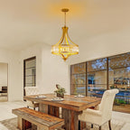 Modern Gold Crystal Chandelier, 20 Inch Large Ceiling Pendant Light Fixture with 50'' Adjustable Hanging Chain, 5-Light Farmhouse Chandelier for Dining Room, Living Room, Bedroom, Entryway