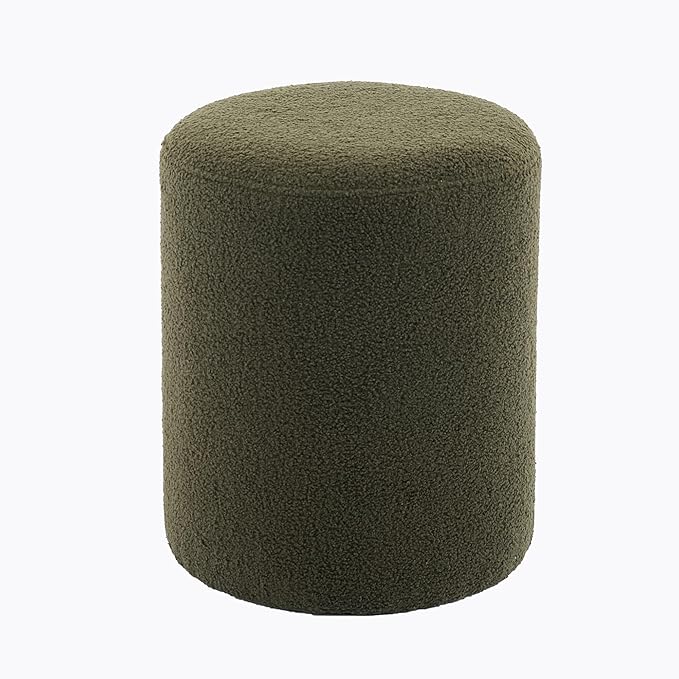 Modern Round Ottoman, Classic Foot Stool Ottoman, Teddy Fleece Upholstered Vanity Stool for Makeup, Bedroom, Living Room, Dark Green