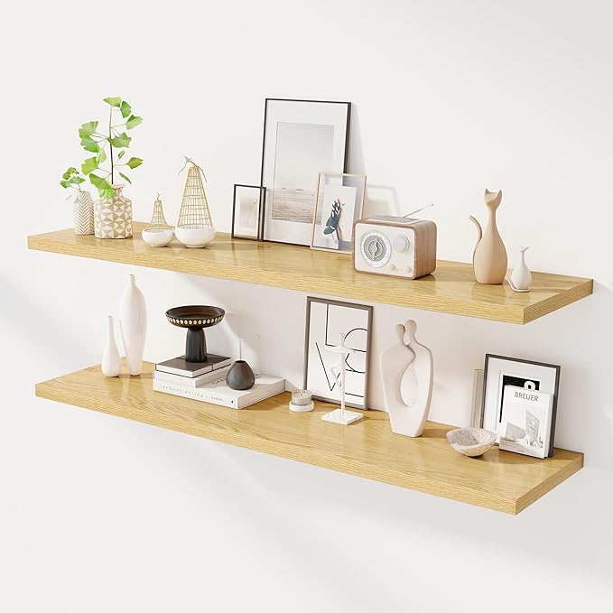 Dreamland 55" Floating Shelves for Wall, 12" Deep Slim Oak Floating Shelves, Wall-Mounted Shelves for Bedroom, Living Room, Kitchen, Bathroom - Set of 2