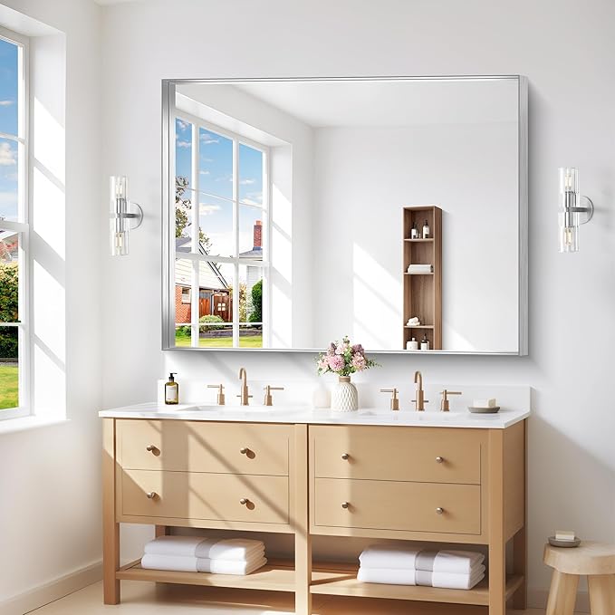 Silver Bathroom Mirror, 36x48 Inch Rectangular Deep Frame Mirror, Large Wall Mounted Bathroom Vanity Mirror Over Sink for Bedroom,Restroom, Living Room, Hangs Vertically or Horizontally