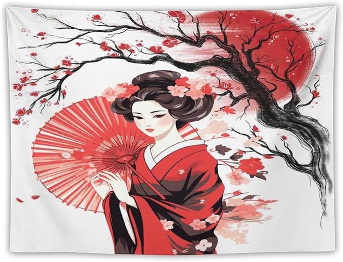Japanese Red Geisha Tapestry Asian Cherry Blossom Traditional Kimono Folk Tapestries Home Decor for Living Room Bedroom Apartment Farmhouse Dorm 80"x60"