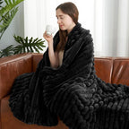 Amélie Home Faux Fur Throw Blanket for Couch, Cozy Fuzzy Fluffy Fur Luxurious Soft Striped Plush Gift Blankets for Family Sofa Chair Bed Living Room Bedroom, 55"x70", Black