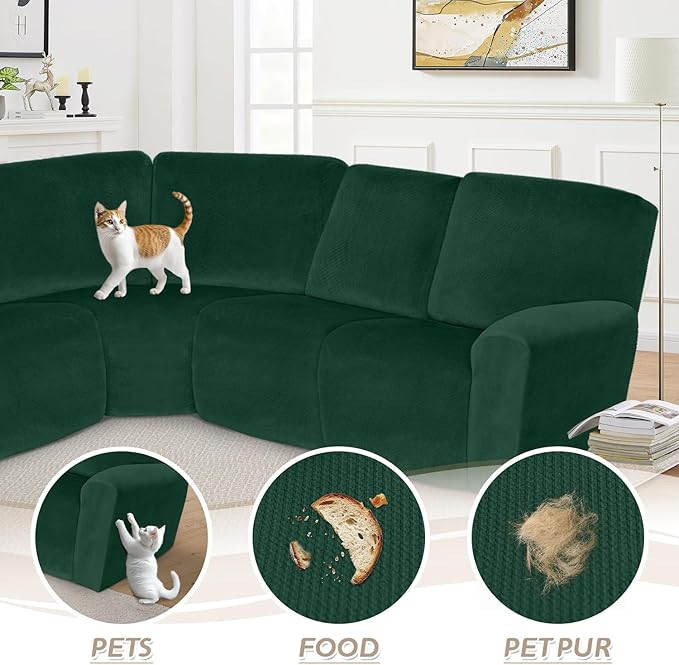 Arfntevss Sectional Recliner Couch Covers Velvet Corner Sectional Sofa Cover for Reclining Couch Stretch Soft L Shape Recliner Slipcover Thick U Shaped Washable Protector (5 Seat Cover, Dark Green)