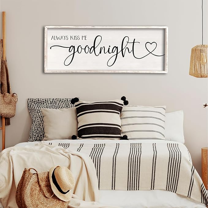 flowtorely Always Kiss Me Goodnight Wall Sign For Master Bedroom Above Bed Wall Decor 40''×15'' Large Rustic Solid Wood Frame For Farmhouse Couples Above bed Wall Art Decoration (White)