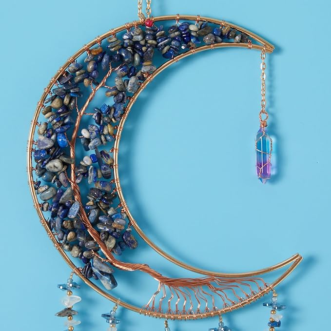 Agate Gemstone Dream Catcher 7 Chakra Tree of Life Dream Catcher with Rainbow Crystal Stones Handmade Dreamcatcher Wall Decor for Adults Boys Girls,Bedroom,Wedding,Garden,Bless Gift(Blue Moon)