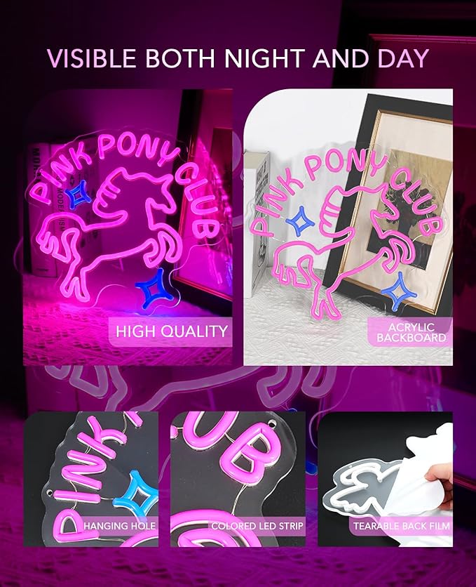 AceList Pink Pony Club Neon Sign for Wall Decor, Dimmable LED Unicorn Cowgirl Neon Lights For Bedroom, Bar, Birthday Party Decorations,Vibes Neon Wall Sign. Girl Aesthetic Gift