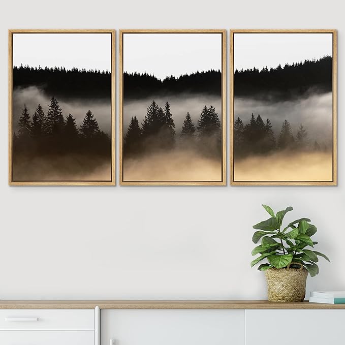 SIGNWIN Framed Canvas Print Wall Art Woodland Nursery Decor Set Misty Dark Mountain Forest Silhouette Nature Modern Art Rustic Landscape for Living Room, Bedroom, Office - 24"x36"x3 Natural
