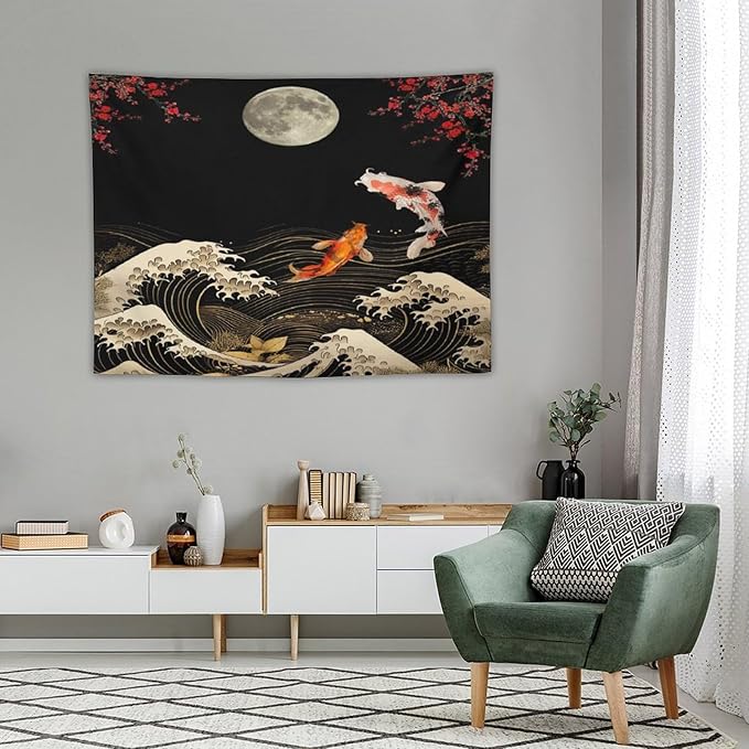 Houselerax Koi Fish Tapestry, Japanese Style Yin Yang Big Wave Cherry Blossom Tapestries Wall Hanging for Bedroom Living Room Office Decor 40"x30"
