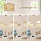 Modern Gold Floor Lamp for Bedroom, Arc Standing Lamp for Living Room, Dimmable Boho Rattan Tall Lamp, Farmhouse Floor Lamps for Office Decor, Height Adjustable Arched Lamp, Over Couch Reading Lamp