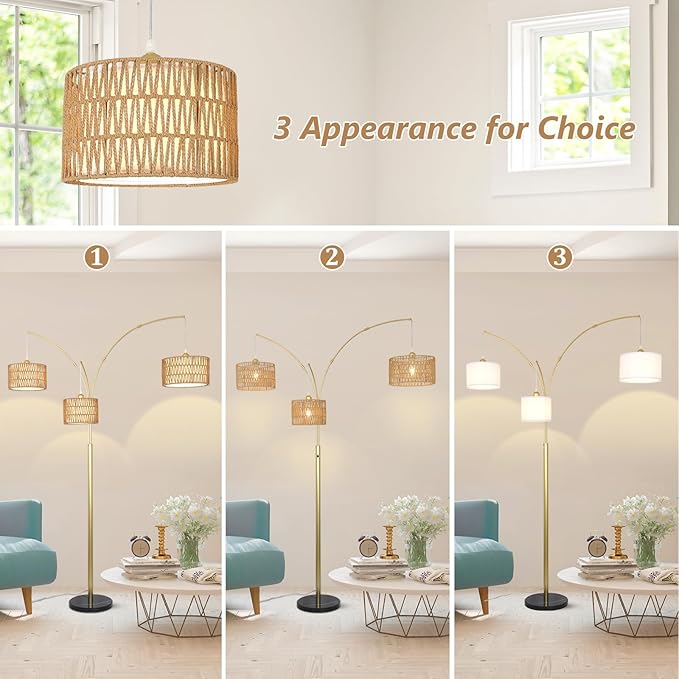 Modern Gold Floor Lamp for Bedroom, Arc Standing Lamp for Living Room, Dimmable Boho Rattan Tall Lamp, Farmhouse Floor Lamps for Office Decor, Height Adjustable Arched Lamp, Over Couch Reading Lamp