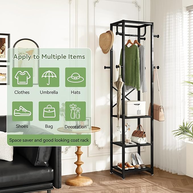 IBUYKE Coat Rack with Shelves, Freestanding Hall Tree with 3 Shelves and 8 Hooks, Industrial Clothes Stand for Entryway, Hallway, Bedroom, Black UTMJ088B