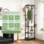 IBUYKE Coat Rack with Shelves, Freestanding Hall Tree with 3 Shelves and 8 Hooks, Industrial Clothes Stand for Entryway, Hallway, Bedroom, Black UTMJ088B