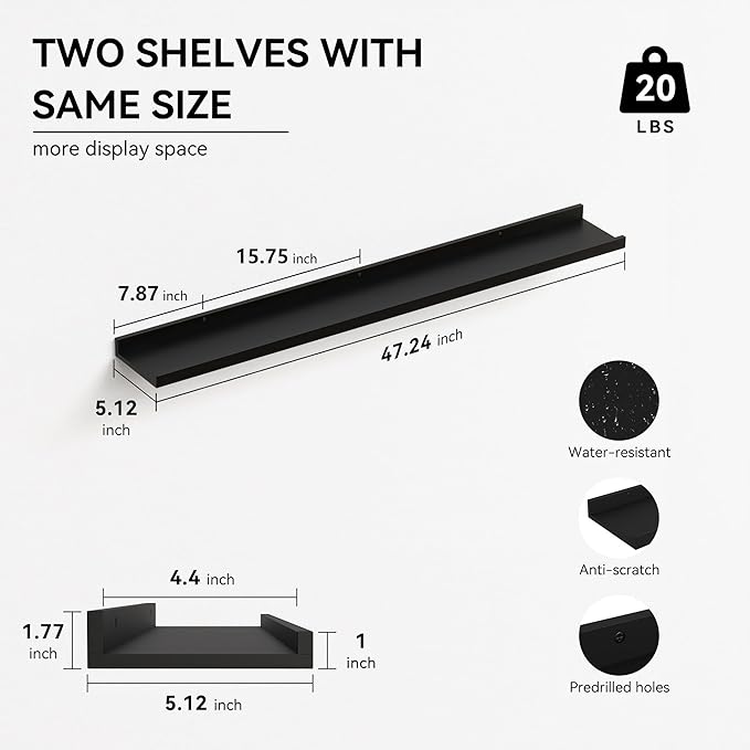 47.2 Inches Long Floating Shelves Wall Mounted, 2 Set Modern Wall Shelf for Bedroom, Nursery Book Shelf with Lip, Picture Ledge Shelf for Decor Living Room Bathroom Kitchen - Black
