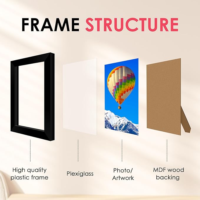 FIXSMITH 4x6 Picture Frame, Black Photo Frames with HD Plexiglass for Wall Hanging or Tabletop Display, 1 Pack