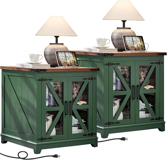 Farmhouse End Table with Charging Station Set 2, 24" Large Sofa Side Table with Glass Barn Door, Nightstand with Adjustable Storage Shelf, Wood Square Bedside Table for Living Room, Bedroom