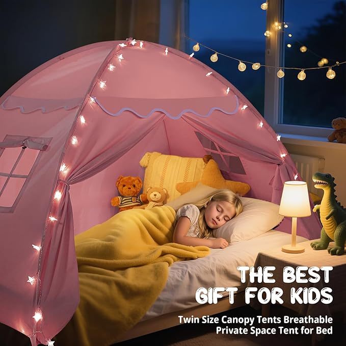Sumbababy Toddler Bed Tent Canopy: Lights & Flags Indoor Floor Kids Play Tent Playhouse - Portable & Foldable Twin Bunk Bed Curtains - Twin Bed Tent for Girls Gifts (Pink)