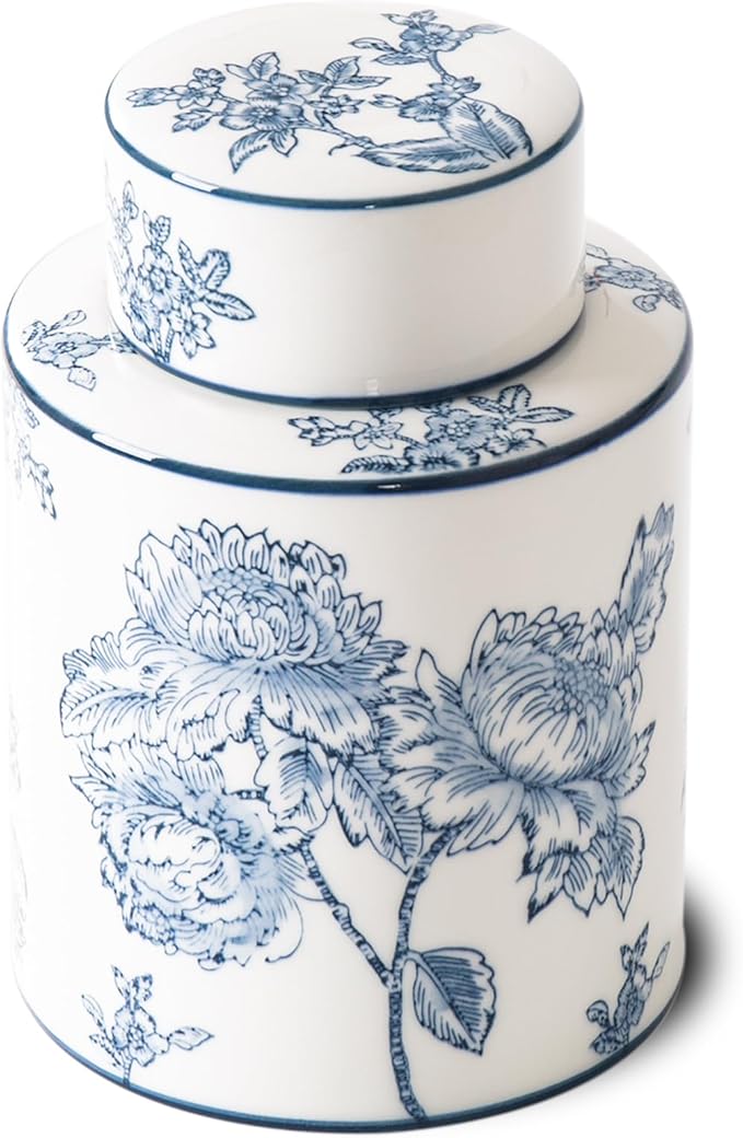 Ceramic Decorative Jars with Lid, Blue and White Ginger Jar for Home Decor, Cylindrical Vase Decor, 7.7x5.4 Inch, Flowers and Branches