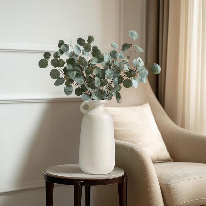 Sunddo White Vase with Handle, 10 inch Ceramic Rustic Vase, Farmhouse Decor, Boho Modern Decorations, Table, Living Room, Shelf, Mantel Decor