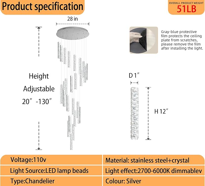 Large Staircase Chandeliers 130inches Long Spiral Crystal Chandeliers for High Ceilings Foyer Entrance 25-Lights Silver LED Dimmable 3000-6000K