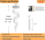 Large Staircase Chandeliers 130inches Long Spiral Crystal Chandeliers for High Ceilings Foyer Entrance 25-Lights Silver LED Dimmable 3000-6000K