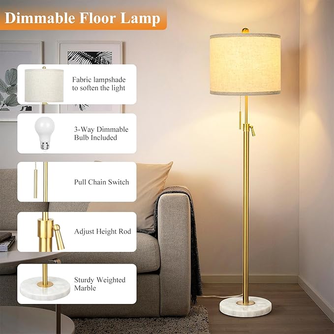 Modern Floor Lamp for Living Room, Adjustable Height Standing Lamp with Marble Base, Gold Tall Pole Light with Linen Shade for Reading Bedroom, Chain Switch, 8W 3-Way Dimmable Bulb Included