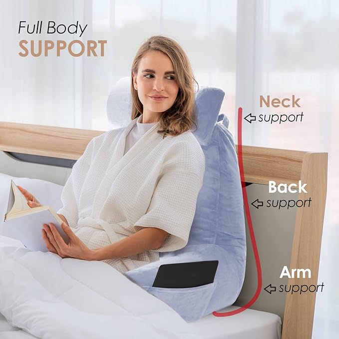 Nestl Reading Pillow Large Bed Pillow, Back Pillow for Sitting in Bed Shredded Memory Foam Chair Pillow, Reading & Bed Rest Pillows Ice Blue Back Pillow for Bed, Bed Chair Arm Pillow with Pockets