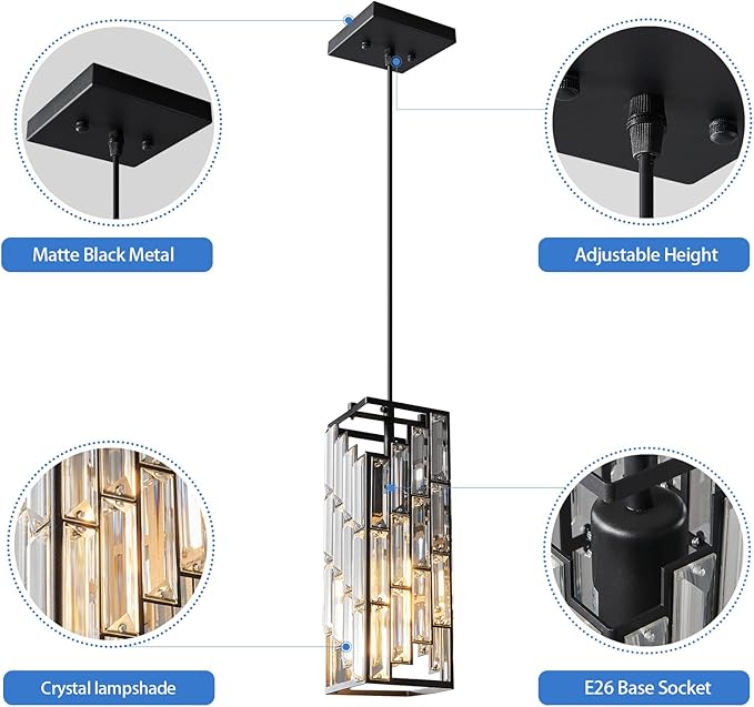 Black Pendant Lighting Modern Pendant Light, Mini Crystal Chandeliers,Adjustable Pendant Light Fixture for Kitchen Island Dinning Room Bedroom (1 Pack)