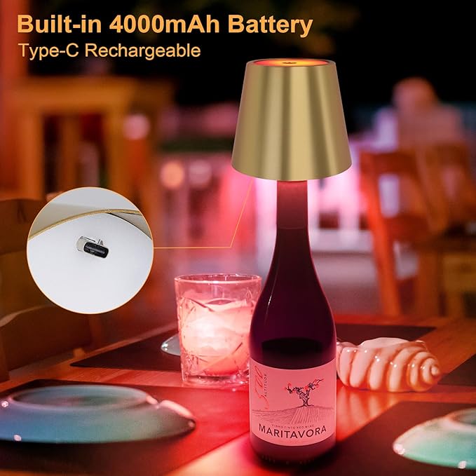 DUSKTEC Wireless Bottle Lamp Shade, RGB LED Wine Bottle Lamp with Stopper, 3 Color Stepless Dimming Rechargeable Touch Wine Bottle Lights for Any Liquor Bottle Bars Restaurants (Gold, 2PCS)