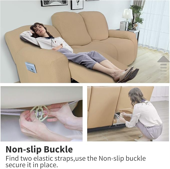 Easy-Going 6 Pieces Recliner Loveseat Stretch Sofa Slipcover Sofa Cover Furniture Protector Couch Soft with Elastic Bottom Kids, Spandex Jacquard Fabric Small Checks Sand