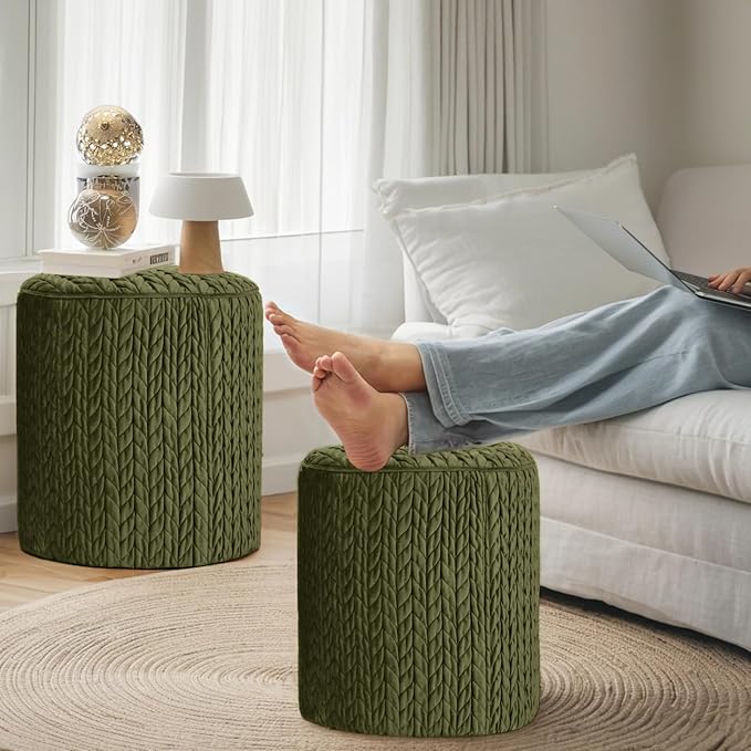 Modern Round Ottoman 2Pcs, Braided-Tufted Foot Stool Ottoman, Velvet Upholstered Vanity Stool for Makeup, Bedroom, Living Room, Dark Green