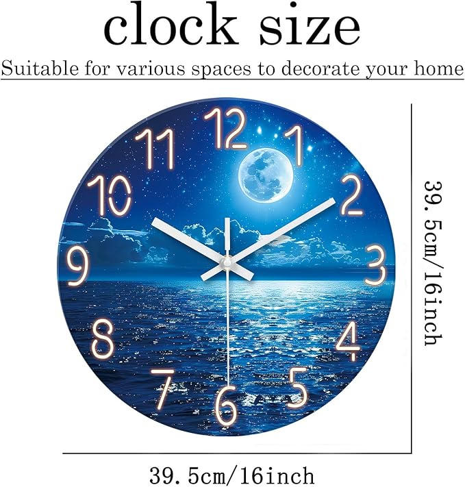 XFM Blue Wall Clock Battery Operated 16 Inch Moon Ocean Glass Clock Silent Non Ticking Modern Decorative Wall Clocks for Kitchen Bedroom Bathroom Decor