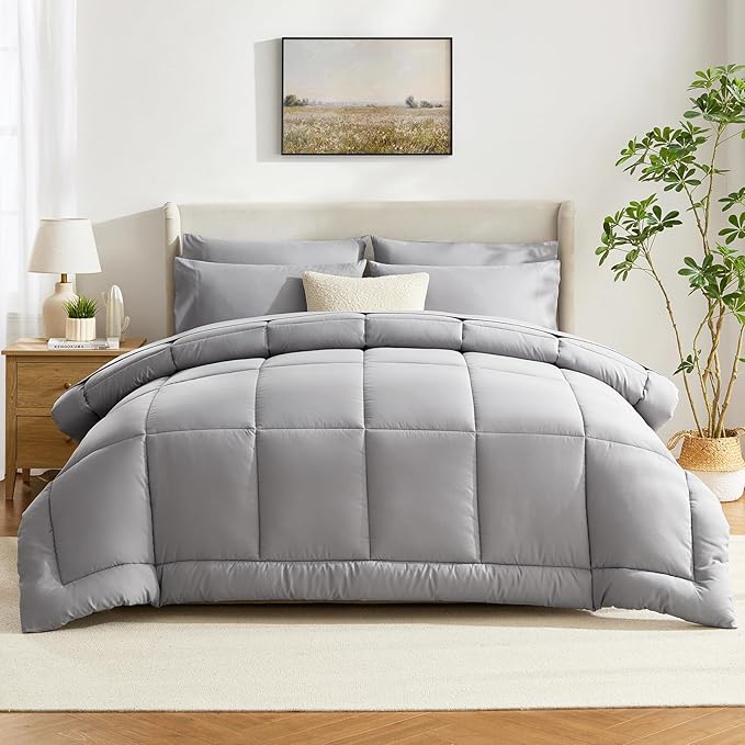 CozyLux Queen Comforter Set Grey, 7 Pieces Bed in a Bag, Gray Comforter Queen Size, All Season Bedding Sets with Stitch Quilted Comforter, Flat Sheet, Fitted Sheet, Pillowcases