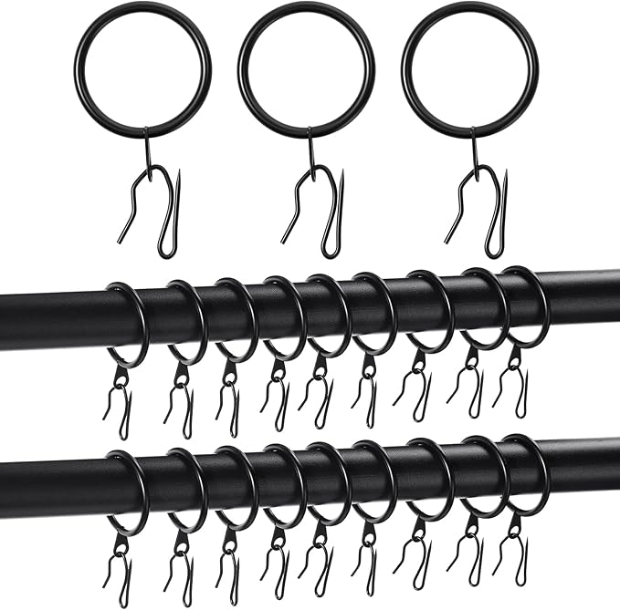 Hotop 30 Pcs Metal Drapery Curtain Rings 0.98/1.26/1.65 inch Interior Diameter and 30 Pcs Hanging Curtain Drapery Pin Hooks for Window Door Shower(25 mm,Black)