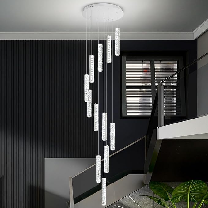 Long Spiral Crystal Chandelier Lighting for Foyer Silver 12-Light Staircase Chandelier High Ceiling Slopped LED Dimmable 2700K-6000K