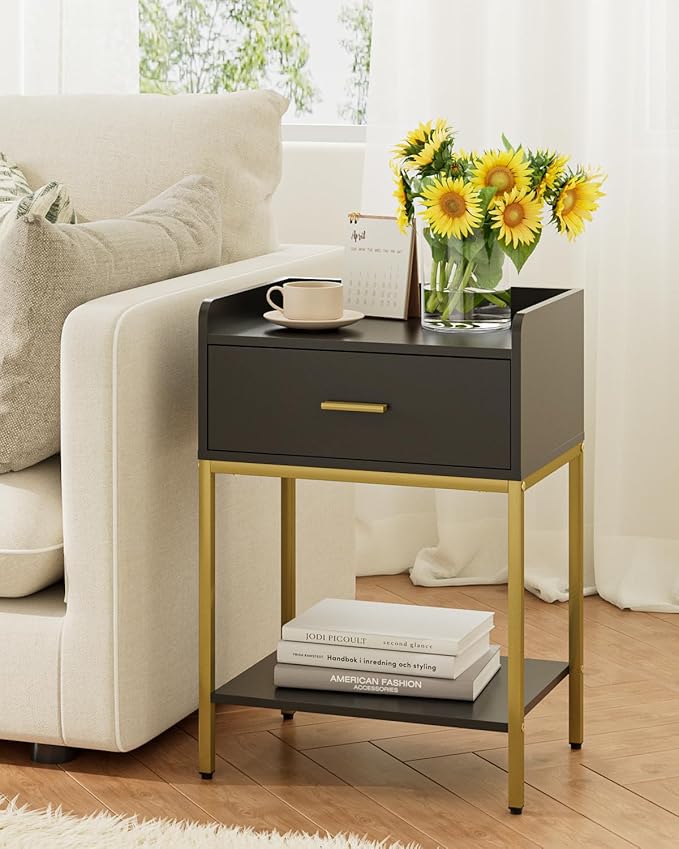 Masupu Nightstand,Bedside Table 3-Tier Modern Night Stand with Storage Drawer and Shelf,Small End Side Table for Bedroom,Living Room,Black (Without Outlet, Black)