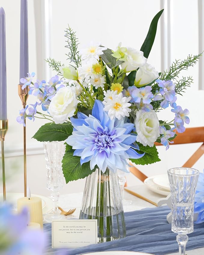 Nubry Fake Artificial Flowers in Vase,Faux Silk Dahlia Flower Bouquet Floral Arrangement Fake Plant Decor for Tables Centerpieces,Home Office Party Wedding Decor(Blue with Vase)