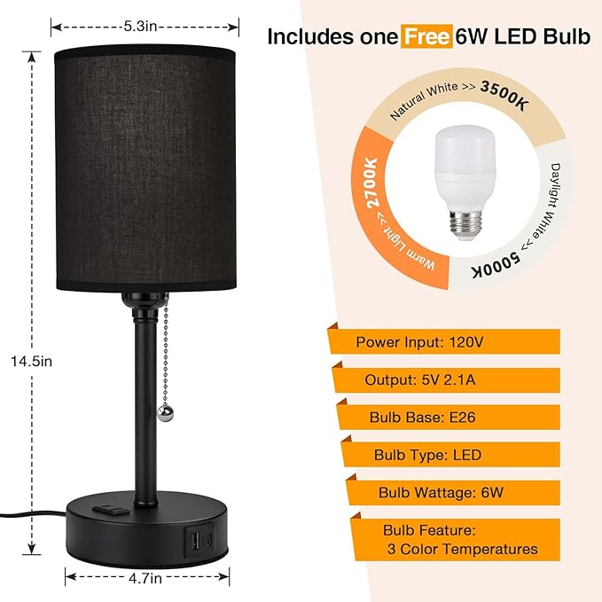 Small Bedside Table Lamp for Nightstand with USB & Outlet, 3 Color, Matte Black, Black Lampshade (LED Bulb Included)