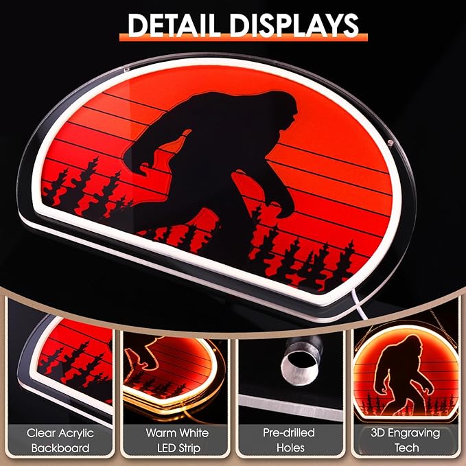 Bigfoot Neon Sign, Bright Dimmable USB Powered Sasquatch Neon Lights Sign and Unique UV Printed Funny Big Foot Sasquatch Gifts for Men Women Adults Kids Bigfoot Lovers Wall Art Decors