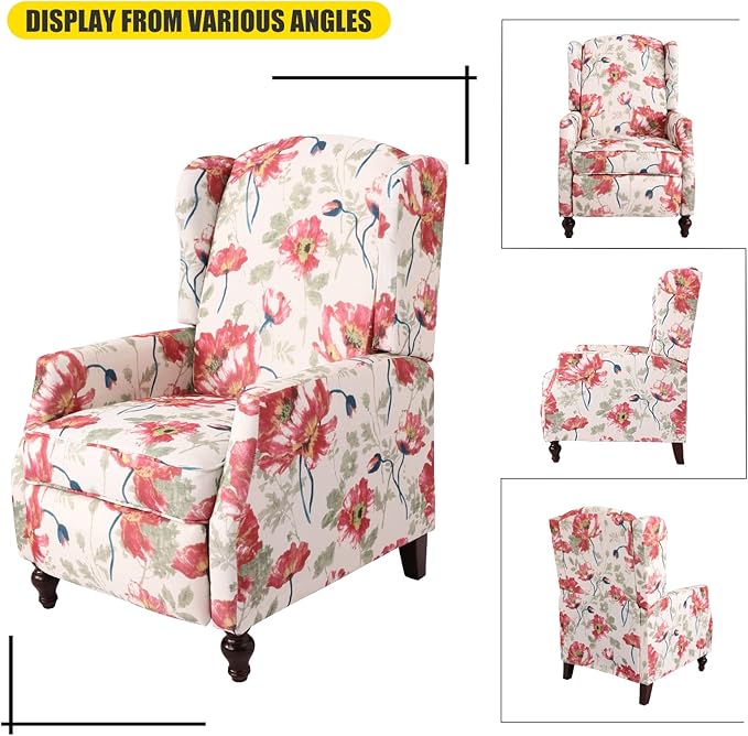 Upholstered Wingback Recliner Chair, Traditional Push Back Recliner with Padded Seat, Fabric Floral Recliner Wingback Chair, Mid Century Modern Wingback Chairs for Living Room (2,Red Floral)