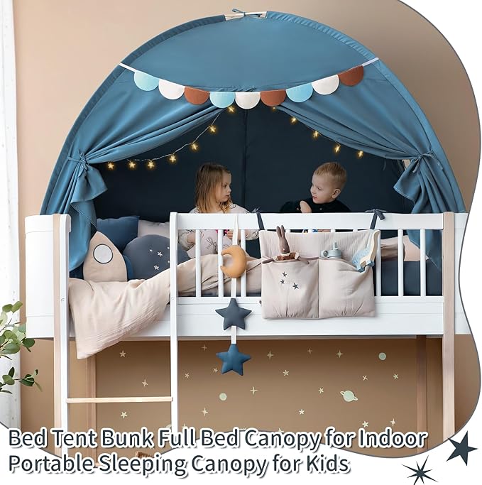 Razee Full Size Bed Canopy for Kids, Boys Bed Tent Dream Privacy Sleeping Tents Indoor, Toddler Under Bunk Bed Tent with Pennant Banners