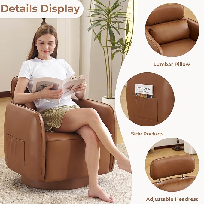 Modern 360°Swivel Accent Chair Set of 2 with Adjustable Headrest, Round Swivel Barrel Chairs with Lumbar Pillow, Vanity Chair for Makeup, Comfy Living Room Armchair for Living Room, Bedroom, Camel