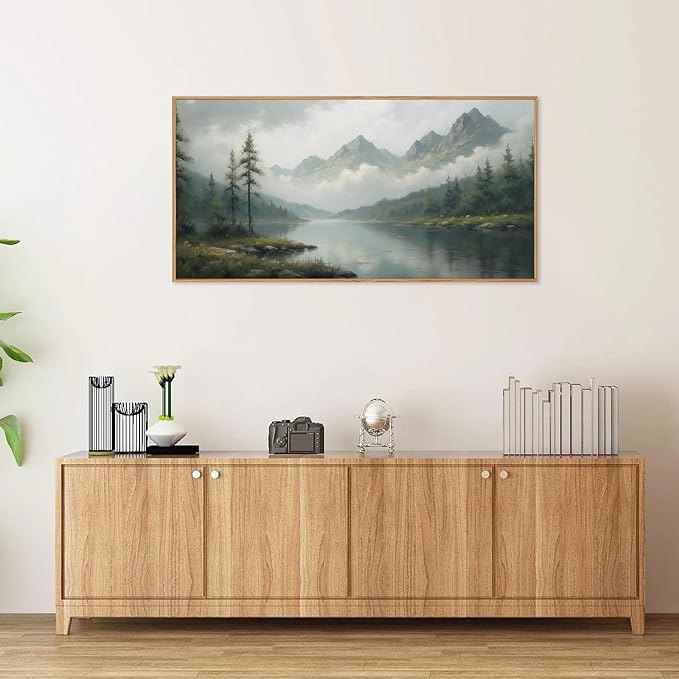 SIGNINART Large Misty Mountain Framed Canvas Wall Art, Green Forest River Scenery Wall Decor, Modern Foggy Wooden Landscape Artwork, Oil Style Nature Art Print for Living Room Bedroom Office 20"x40"